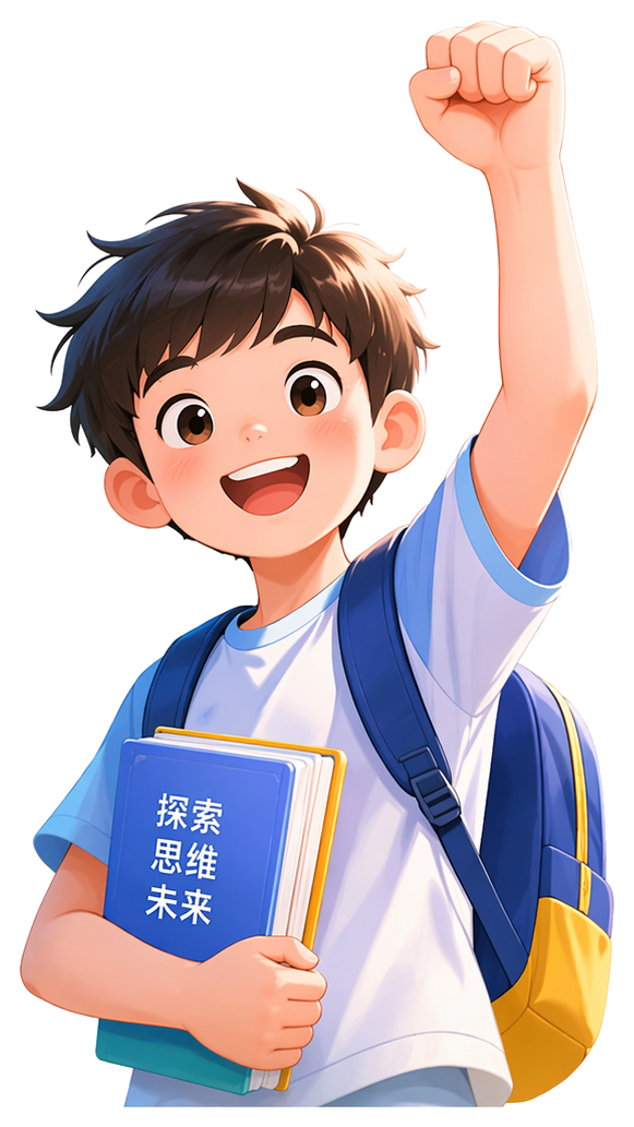 孩子自信举手，手持探索思维未来训练手册